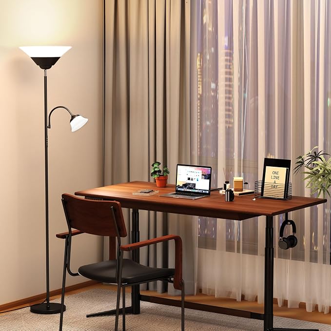 2-in-1 Torchiere Floor Lamp, 34W Super Bright LED Standing Lamp with Remote & Touch Control, 72" Dimmable Adjustable Corner Reading Lamp for Living Room, Bedroom, Office, Black