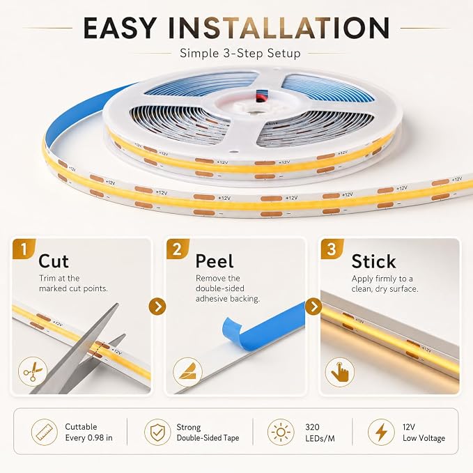 COB LED Strip Lights, 12V Cabinet Light 6Pcs 3.3FT, Warm Cuttable DIY LED Strip with Hide Touch and Hand Sweep Dimmer Switch Kit for Cabinet Showcase Kitchen Acoustic Panel Decoration Shelf Lighting