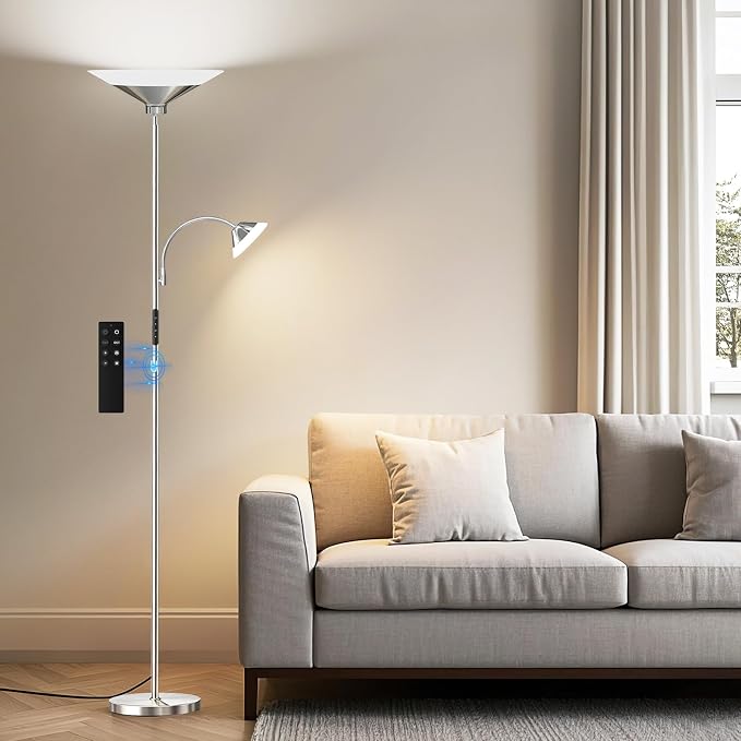 Metallic Sliver Torchiere Floor Lamp, 2 Way 72'' Dimmable LED Standing lamp with Rmote, Multi Color Temps, 34W Tall Light with Independent Control for Living Room Bedroom Office Reading ﻿