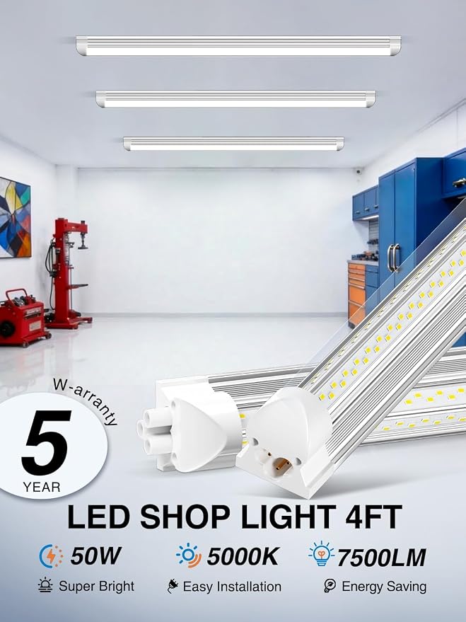 ELEKICO 6 Pack 50w 4ft Led Shop Light, Super Bright 7500lm 5000k V Shape 4' Led Shop Lights, Linkable 4 Foot Led Shop Lights for Garage Warehouse, Supermarket, Basement, Barn, Storage Area