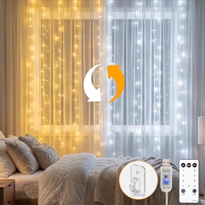 Color Changing Curtain Lights, 200 Led Hanging Lights Outdoor, Fairy Curtain Lights Indoor for Christmas, Dorm, Wall, Backdrop, Window, Wedding, Party, Birthday Decor, Warm White & White