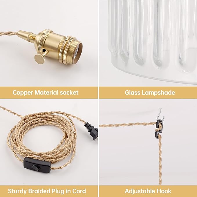 Plug in Pendant Light Hanging Light Fixtures with Plugin Cord On/Off Switch,Clear Striped Glass Lampshade Brass Pendant Light
