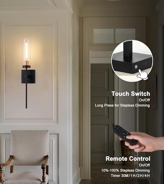 Battery Operated Wall Sconce Set of 2, Black & Gold Wireless Sconces Wall Decor, Rechargeable Wall Lights for Bedroom Living Room Entryway Bathroom Hallway Stairwell