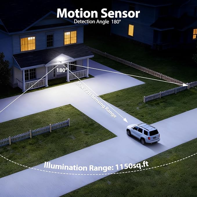 70W 7000LM Security Lights Outdoor, 4-Head LED Motion Sensor Flood Light, 6500K Daylight, IP65 Waterproof, 3 Modes for Yard Garage Porch (2)