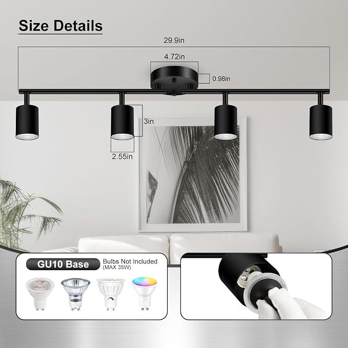 AUQUEE 4 Light Track Lighting Fixtures Ceiling, Black Kichen Track Lighting Fixtures with Rotatable Light Heads, Foldable Lamp Arms, Modern LED Track Lights for Kitchen/Hallway, No GU10 Bulb