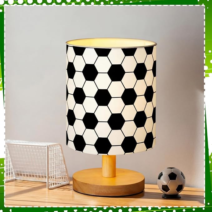 Soccer Kids Table Lamp for Bedroom Kids Bedside Lamp with Linen Wooden Nightstand Cartoon Nursery Lampshade for Girls Boys Living Room