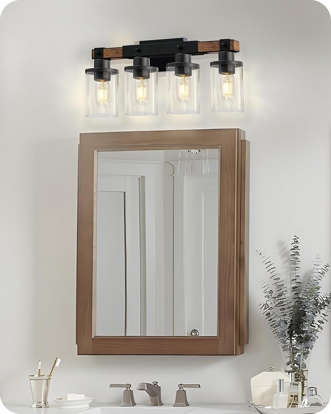 4-Light Bathroom Light Fixture, Farmhouse Vanity Lights for Bathroom with Glass Shade, Rustic Bathroom Light Fixtures, E26 Base F09BD05