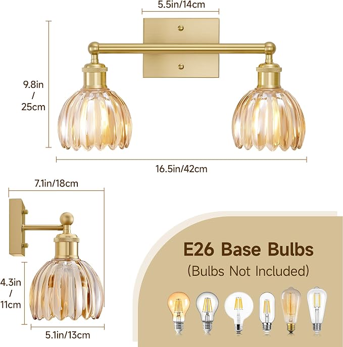 2 Light Bathroom Vanity Lights Over Mirror,Vintage Wall Sconce,Antique Brass Bathroom Light Fixtures,Tulip Sconces Wall Lighting with Amber Thick Glass Shade for Bedroom Living Room, E26 Base
