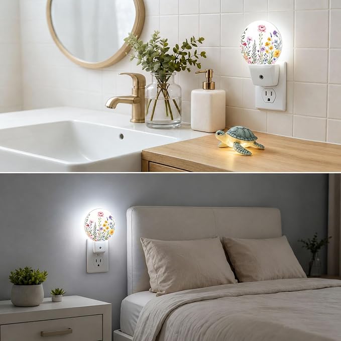 Night Lights Plug into Wall Vintage Floral Night Light Energy Saving LED | Colorful Flower Butterfly Plug in Night Lights for Wall Socket with Dusk-to-Dawn Sensor for Bedroom, Bathroom and Living Room