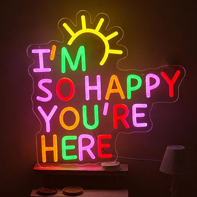 I'm So Happy You're Here Neon Sign Dimmable Letter Positive Affirmation Neon Light USB Powered Colorful Welcome Light Up Sign for Classroom Wedding Party Store Home Wall Art Decor