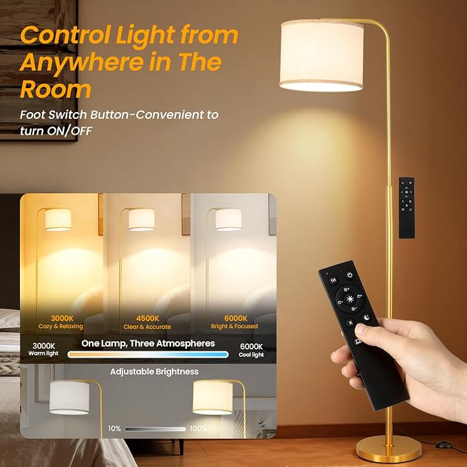 Arc Floor Lamp with Remote and Dimmable Gold Floor lamps for Living Room | Modern Tall Standing Lamp for Bedroom Corner and Office wiht Adjustable Hanging Drum Shade Over Couch Arched Reading Light