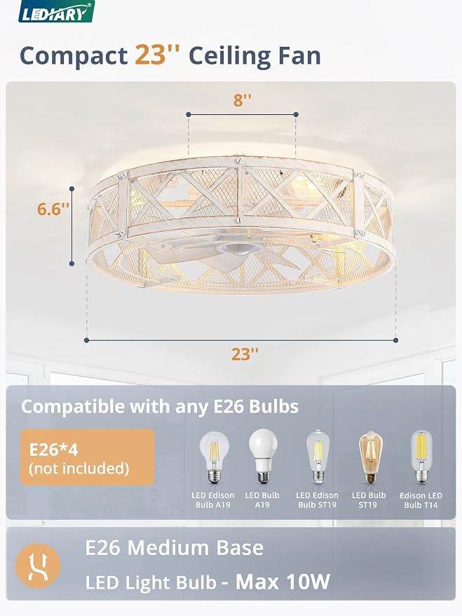 LEDIARY 23" Caged Farmhouse Ceiling Fan with Light, Flush Mount, White Gold | Remote&APP Control, Large Low Profile, Rustic Fandaliers, Industrial Bladeless Enclosed, Powerful Motor for Bedroom, Kitchen