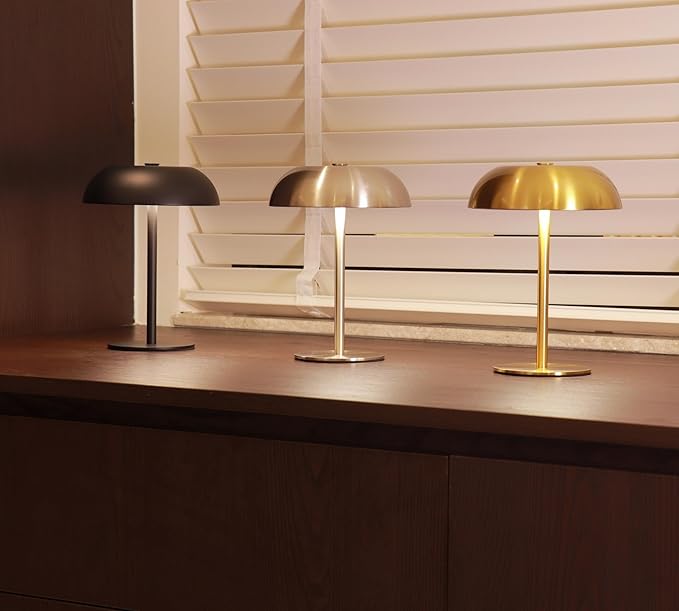 2 Pack Cordless Mushroom Table Lamp, Rechargeable, Dimmable 3 Color, Black | Small, 8.46in, Portable, Easy to Assemble, Metal Structure, Rechargeable, Suitable for Bedroom, Café, and Bar Counter