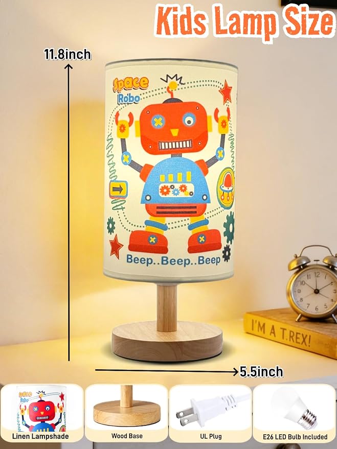 Robot Kids Table Lamp for Bedroom Boys Bedside Lamps,3 Color Dimmable Nightstand Night Light with Cartoon Robot Lampshade and Wood Bas for Bedroom Living Kid Room Study for Practical Gift for Boys
