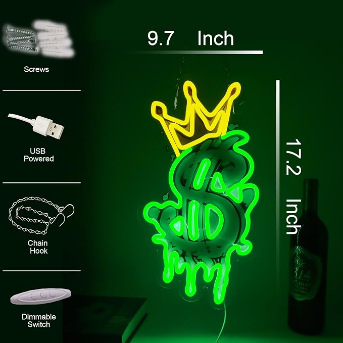 Money Neon Sign, Crown Dollar LED Neon Light USB Powered Decor | Dollar Wall Decor for Bedroom, Game Room, Man Cave, Office, Bar, Party Decoration and Gift