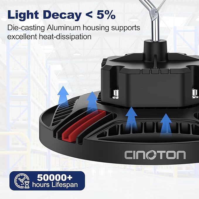 CINOTON 100W UFO LED High Bay Light, Aluminum LED Shop Lights with 15000LM, 5000K Commercial Bay Lighting for Warehouse Garage Workshop Factory Hall, 6' Cable & Safety Rope, ETL Listed 1 Pack