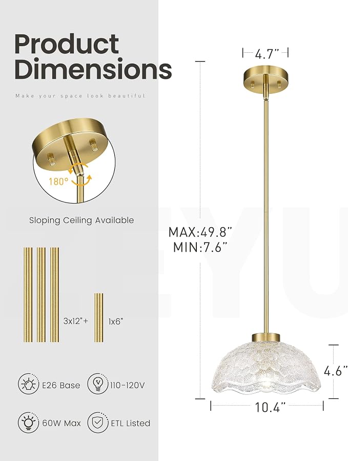 zeyu 2-Pack Pendant Lights Kitchen Island Gold, 10.4'' Ceiling Hanging Light Fixtures, Brushed Gold Pendant Lightings with Clear Hammered Glass, ZJX116M1L-2PK BG