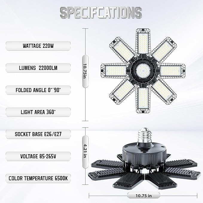 Garage Light 8 Pack 220W, 22000LM LED Lights for Garage with 8+1 Deformable Panels 6500K Screw in LED Shop Lighting for Workshop, Basement Support E26/E27