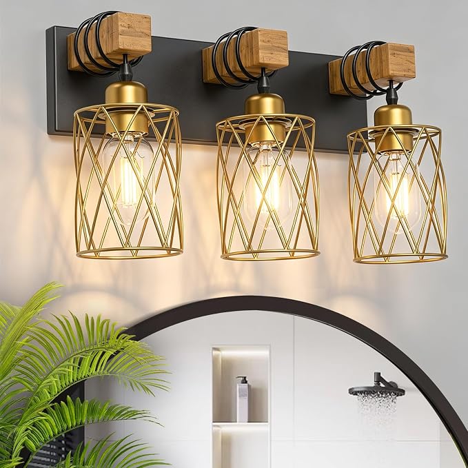 IZORRO Farmhouse Bathroom Vanity Light, 3-Light Wood Bathroom Light Fixtures Over Mirror, Black and Gold Industrial Vanity Lights with Metal Shade, Rustic Restroom Lighting Fixtures