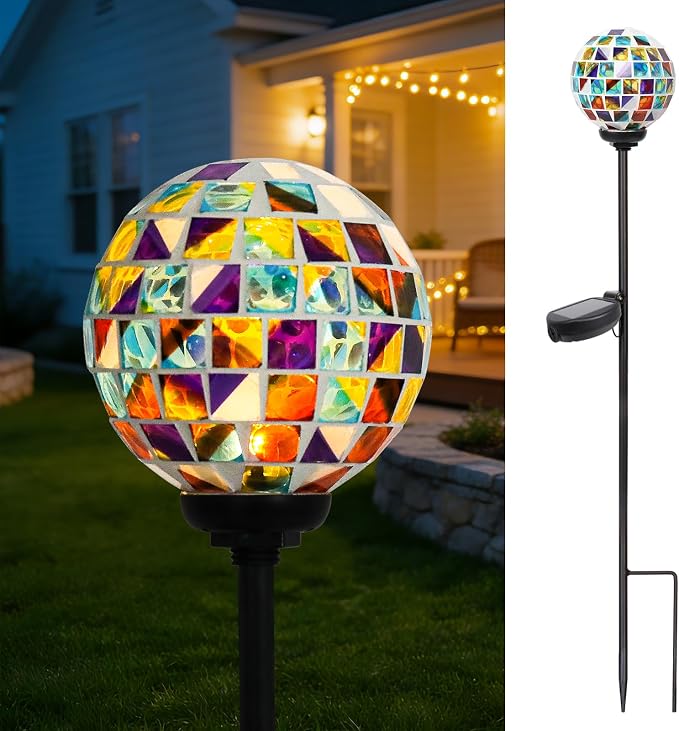 VCUTEKA Decorative Solar Garden Lights, 3.5" Mosaic Globe Outdoor Stake | Mosaic Glass Globe Design, Solar LED Light, Waterproof Design, Auto On/Off and Metal Stake Design for Lawn and Patio