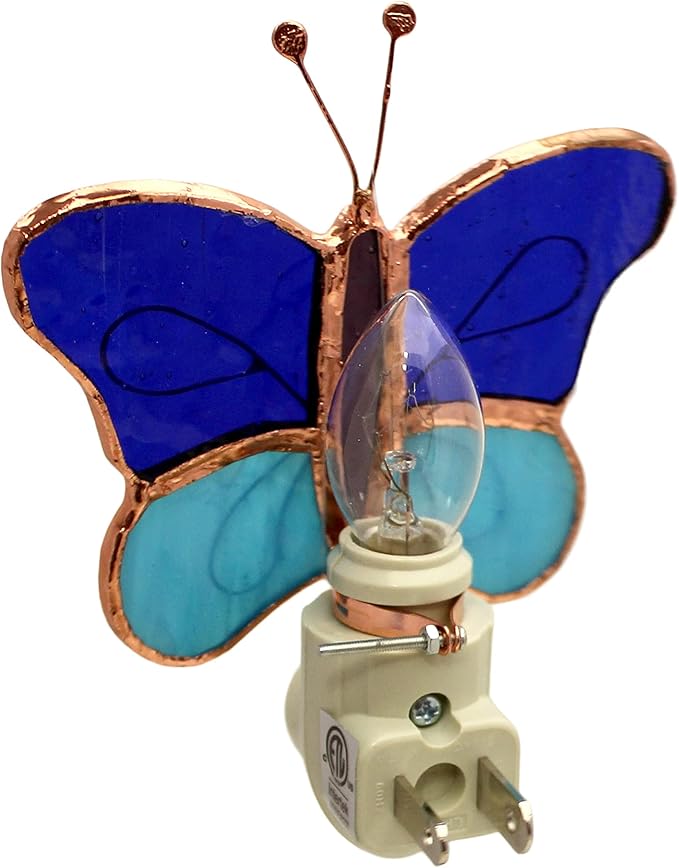 Gift Essentials Blue and Aqua Butterfly Plug in Night Light - Stained Glass Nightlight with On/Off Rocker Switch - Includes One 4 Watt Replaceable Incandescent Warm Glow Bulb