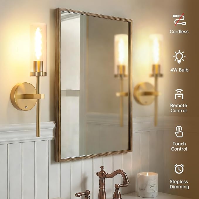 Shenmoyl Battery Operated Wall Sconces Set of 2, Gold Rechargeable Wall Lighting Fixtures, Dimmable Wall Lights with Remote & Clear Glass Shade for Living Room, Bathroom,Bedroom