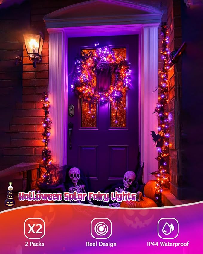 JMEXSUSS Solar Halloween Lights Orange and Purple, 2 Pack Total 200LED 66FT | Outdoor Waterproof, 8 Mode Black Wire Solar Fairy String Lights for Outside Yard Patio Garden Spooky Party Decorations