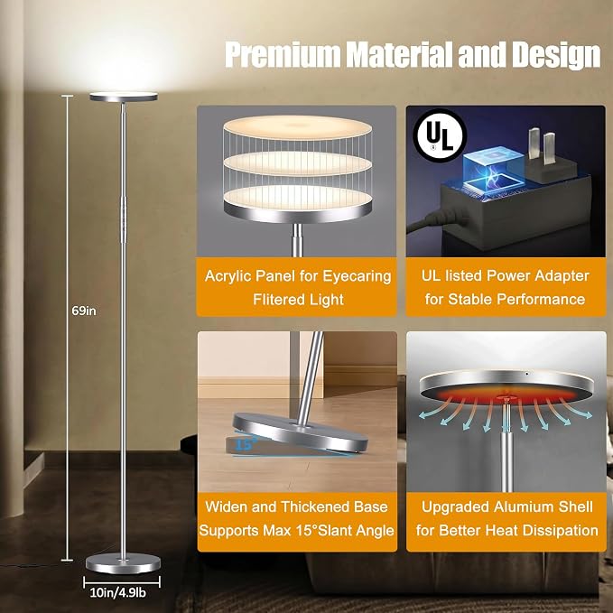 Floor Lamp, Upgraded 40W 4000LM Super Bright Torchiere LED Floor Lamps for Living Room, Stepless Dimmable Color Temperature 2700K-6500K with Remote & Touch Control, Standing Light (Brushed Nickel)