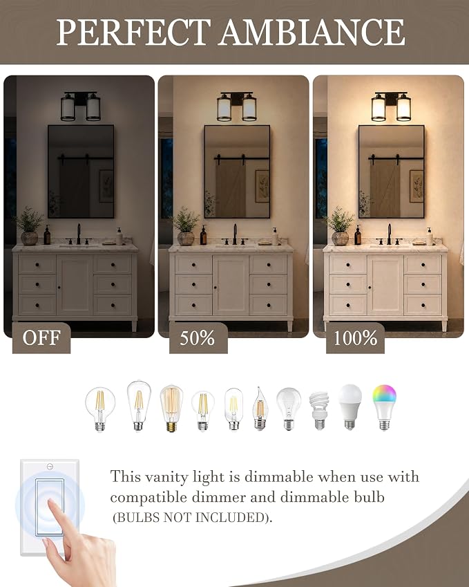 2-Light Black Bathroom Light Fixtures with Milk White Frosted Glass, 13.2" UL-Listed Modern Wall Sconce Over Mirror with Metal Cage for Bath, Hardwire E26, OS-3014BKW-2W
