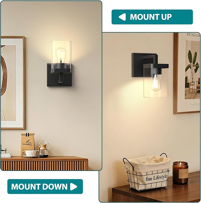 Set of 2 Wall Sconce, Square Design Morden Bathroom Lighting Fixtures with Clear Glass Shade, Matte Black Wall Lights for Living Room/Bedroom/Hallway/Porch