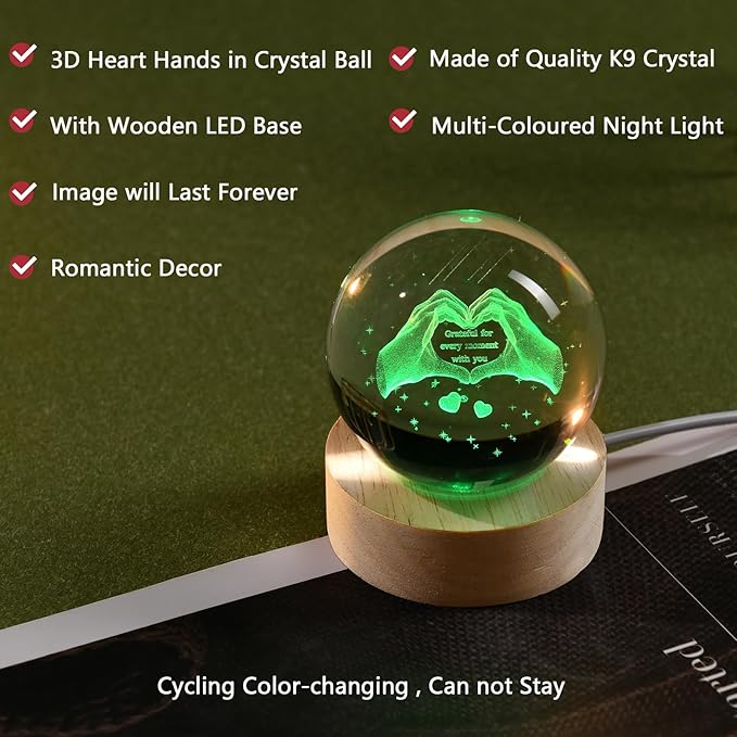 IFOLAINA 3D Heart Crystal Ball for Women Mom Wife Friends Valentines Glass Heart Hands Shaped Decor 2.36" Decorative Glass Sphere Lamp - Grateful for Every Moment with You
