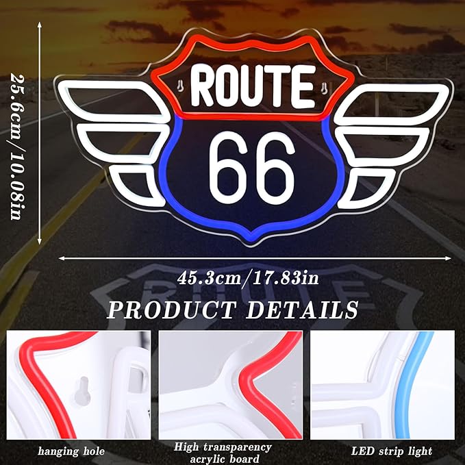 Route 66 Neon Sign Vintage Route 66 Garage Wall Decor Dimmable Us High Way Led 66 Road Sign for Man Cave Garage Neon Lights for Bedroom Party Gift