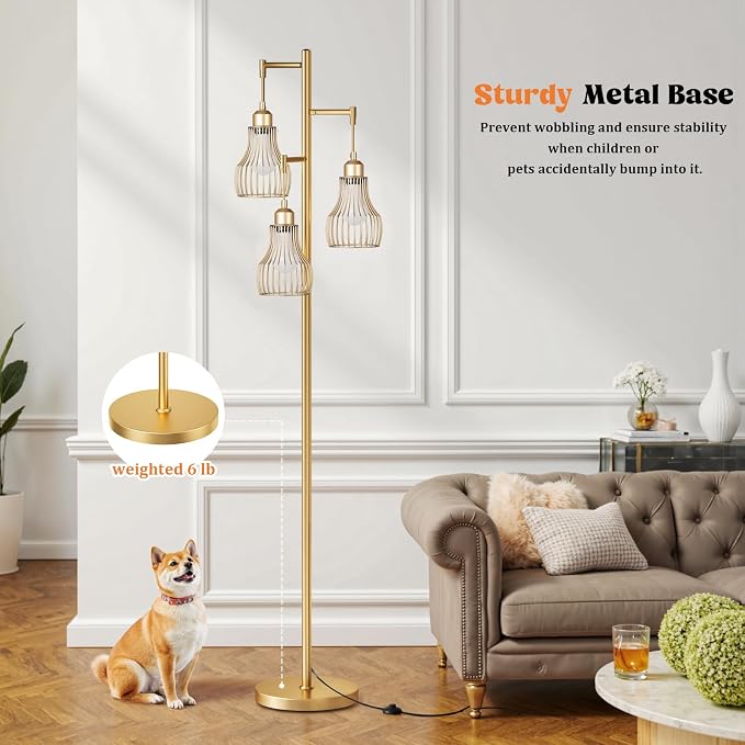 Ziisee Dimmable Gold Floor Lamps for Living Room, Farmhouse Tree Standing Tall Lamp with Remote Control 3 Elegant Cage Shade LED Bulbs for Bedroom Office - Gold