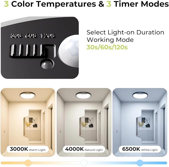 hepside 4 Pack Motion Sensor Ceiling Light Wired, 3000K/4000K/6500K LED Flush Mount Ceiling Light Fixture, 12Inch 24W Motion Sensor Light with Timer for Closet Stair Porch Hallway Pantry,Black