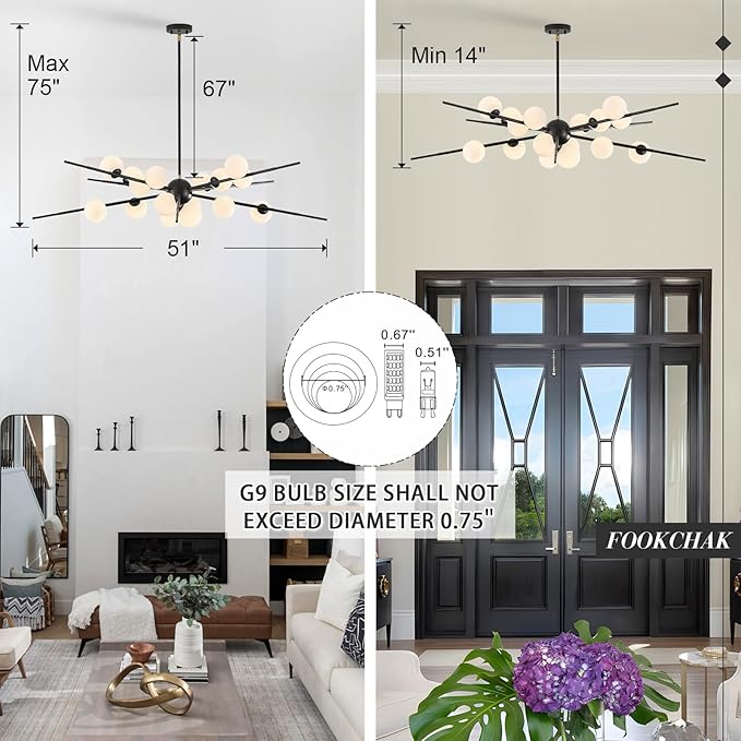 Large Black Sputnik Chandelier 51in 16-Light Frosted Glass Chandelier Light Fixture Mid-Century Modern Molecular Chandeliers for Large Living Room Dining Room Foyer Kitchen Bedroom