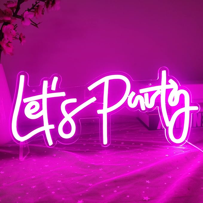 Ajoyferris Let's Party Neon Signs Neon Light Sign for Wall Decor 16''x 7'' Word LED Neon Sign Art Decorative Lights for Bachelorette Party, Engagement Party, Birthday Party,Wedding Party Pink
