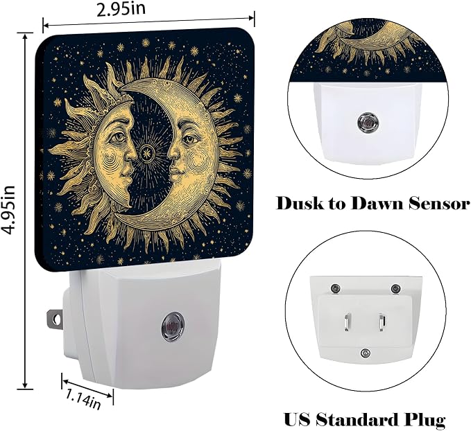 Celestial Moon Golden Sun Night Light,Chic Stars Plug Into Wall for Boys Girls Bedroom Decorative Square Night Light Lamp 0.5w Sleep Friendly