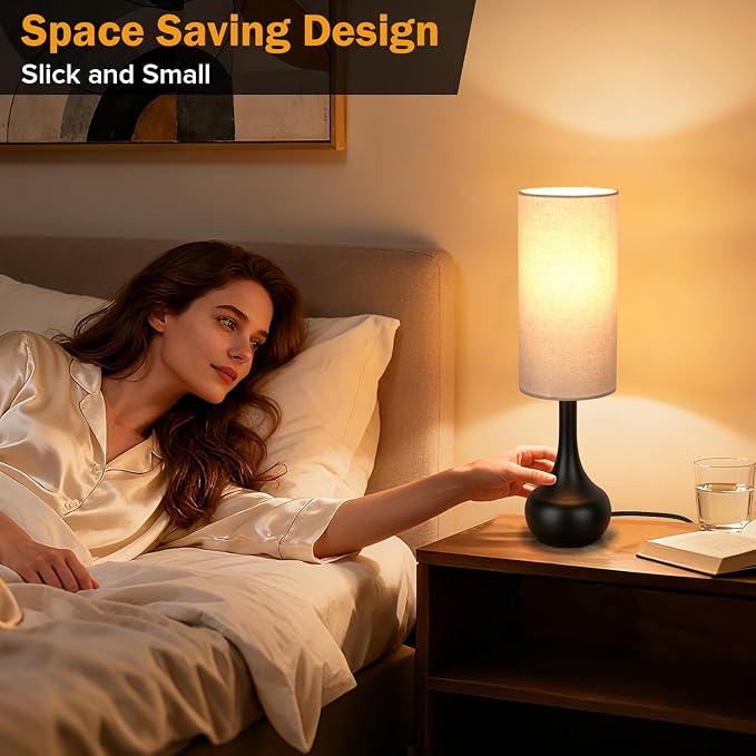 2 Pack Touch Bedside Lamp for Nightstand,3-Way Dimmable,Space Saving & No Assembly Required, Upgraded Small Droplet Vintage Black Table Lamp for Bedroom, Living Room (Bulb Included)