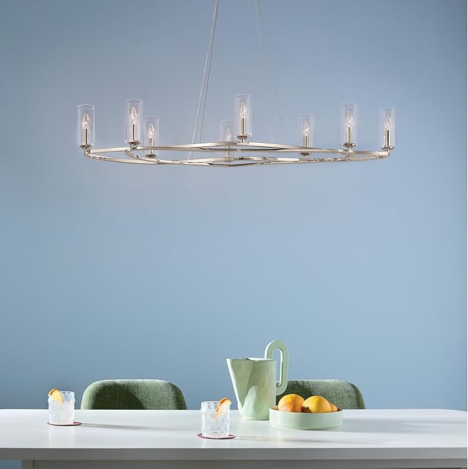 Kichler Harpin 8-Light Linear Chandelier, Sloped Ceiling Compatible, for Dining Room or Kitchen with Clear Glass in Polished Nickel