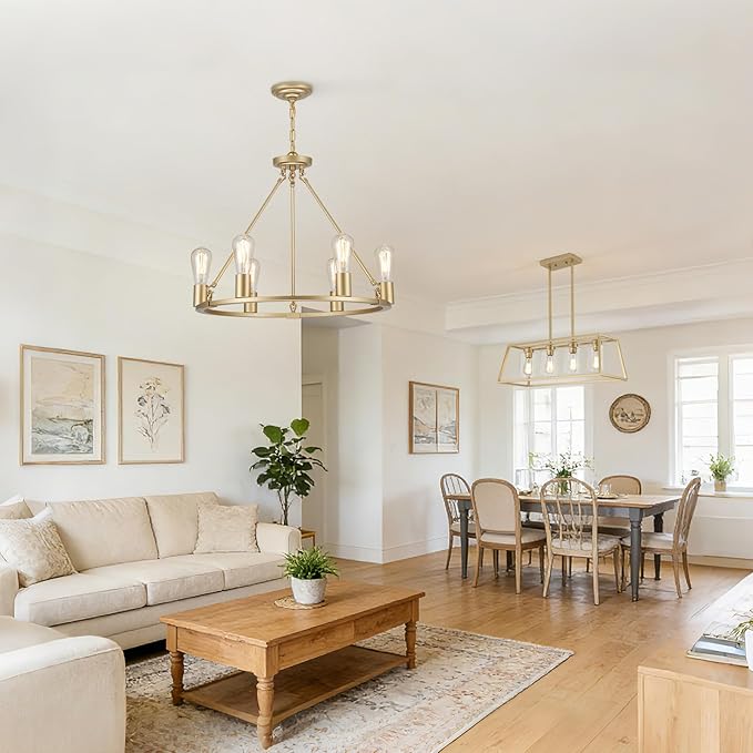 6-Lights Gold Chandelier | Dia 24'' Farmhouse Wagon Wheel Chandelier | Rustic Hanging Dining Room Light Fixture | Apply to Living Room | Kitchen Island | Entryway | Foyer