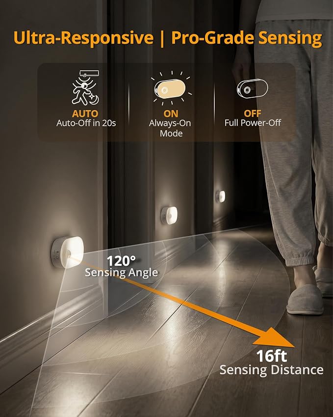 Rechargeable Battery Night Light with Motion Sensor, Portable, Auto-Off, Dimmable for Bathroom, Bedroom, Kitchen, Stairs, Hallway, Pets, Travel, 4-Pack, Cool White