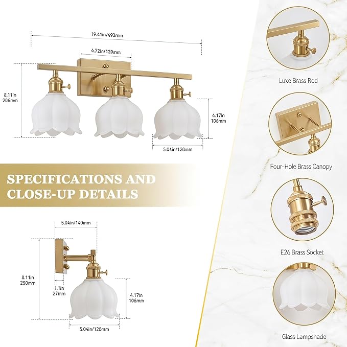 3-Light Vintage Bathroom Vanity Light, 19.4" Brass Hardwired Wall Sconce with Amber Tulip Glass Shades, Brushed Gold Vanity Light for Mirror, Restroom, Bedroom (White, 3-Light)
