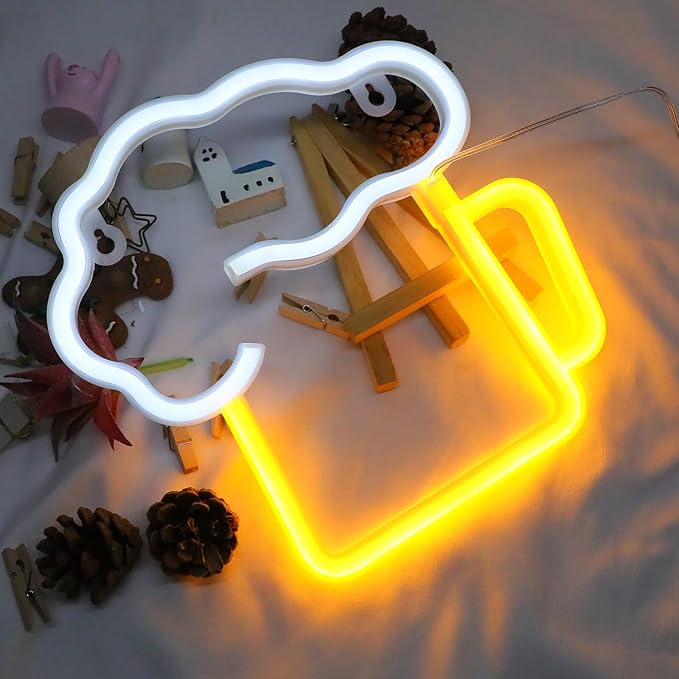 ENUOLI Neon Beer Lights,Battery/USB Operated Night Lights,Yellow White Neon Signs for Wall Decor,LED Beer Signs for Man Cave,Bedroom,Bar,Nightclub,Holiday Celebration Party Decor(8.6''x8.6'')