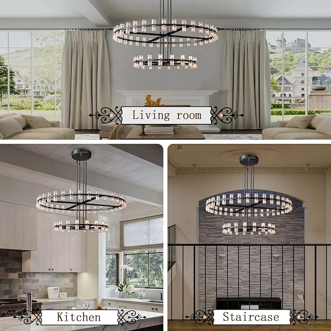 D32''+D40'' Large Black Wagon Wheel Chandelier 72-Lights Black Round Chandeliers Glass Chandeliers for Dining Room,Living Room Vintage Chandelier