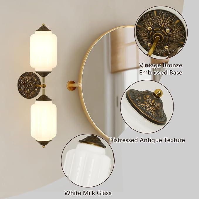 Vintage Milk Glass Bathroom Wall Sconce - Mid Century Dimmable Vanity Light | 25 in,Vertical or Horizontal Mounted,Antique Brass Gold Lighting Fixture for Bedroom Hallway Decor,E12 Bulb×2 Included