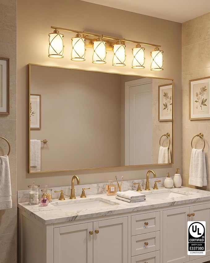 6-Light Brushed Gold Bathroom Light Fixtures Over Mirror, 42" UL-Listed Modern Wall Sconce Lights with Milk White Frosted Glass and Metal Cage for Bath, Hardwire E26, CH9176BGW-6W