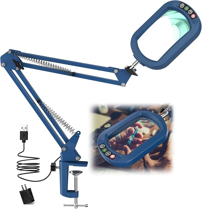 IVMAIE 12X Rectangle Magnifying Glass with Light, 5 Color Modes Stepless Dimmable Magnifier with Stand, LED Lighted Clamp Desk Lamp with Swing Arm, Hands Free for Reading Painting Close Work - Blue