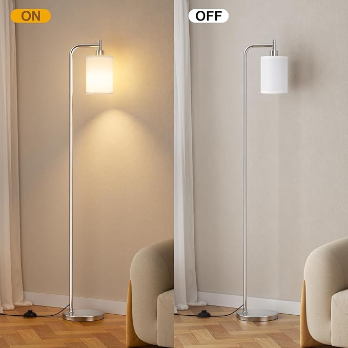 Ziisee 64" Floor Lamp for Living Room with Remote Control, White Shade with Brushed Nickel Pole, Dimmable Tall Lamps for Bedroom Office Corner, 9W LED Bulb Included