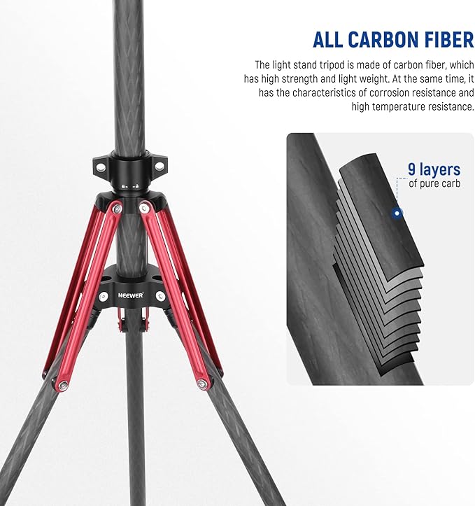 NEEWER Light Stand Carbon Fiber with 180° Reversible Legs, 1/4" to 3/8" Screw Adapter and Bag, 86.5"/220cm Portable Travel Tripod Stand for Outdoor Photography Speedlite Strobe Softbox, ST210R