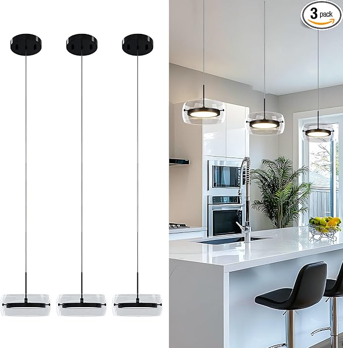 3-Pack Modern Pendant Lights Kitchen Island, Dual-Sided LED 3-CCT Dimmable Glass Hanging Lighting Fixture, Adjustable Cable for Dining Room, Bar, Over Table, Sloped Ceiling Matte Black